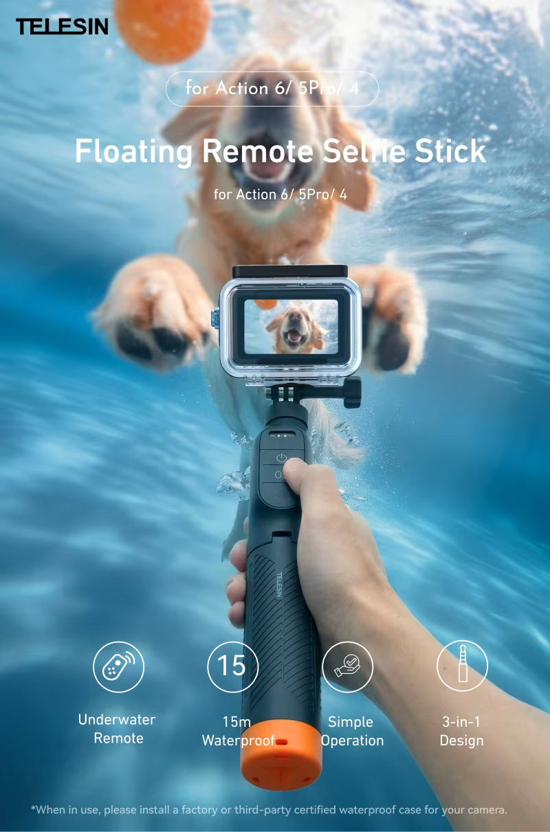 Yuxns TELESIN Waterproof Bluetooth Floating Selfie Stick Tripod for DJI Osmo Action 6 5 Pro 4 15M Diving Stick 3-in-1 Hand Grip Tripod