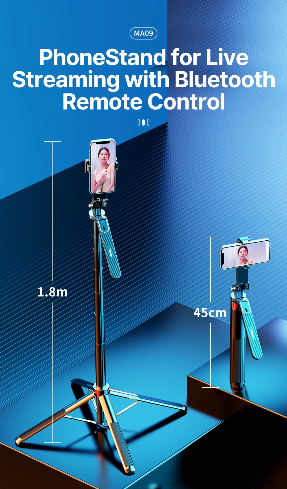 Yuxns Ulanzi MA09 Smartphone Tripod Bluetooth Selfie Stick Desktop Tripod for iPhone 12 13 14 GoPro Card Camera Live Streaming Video
