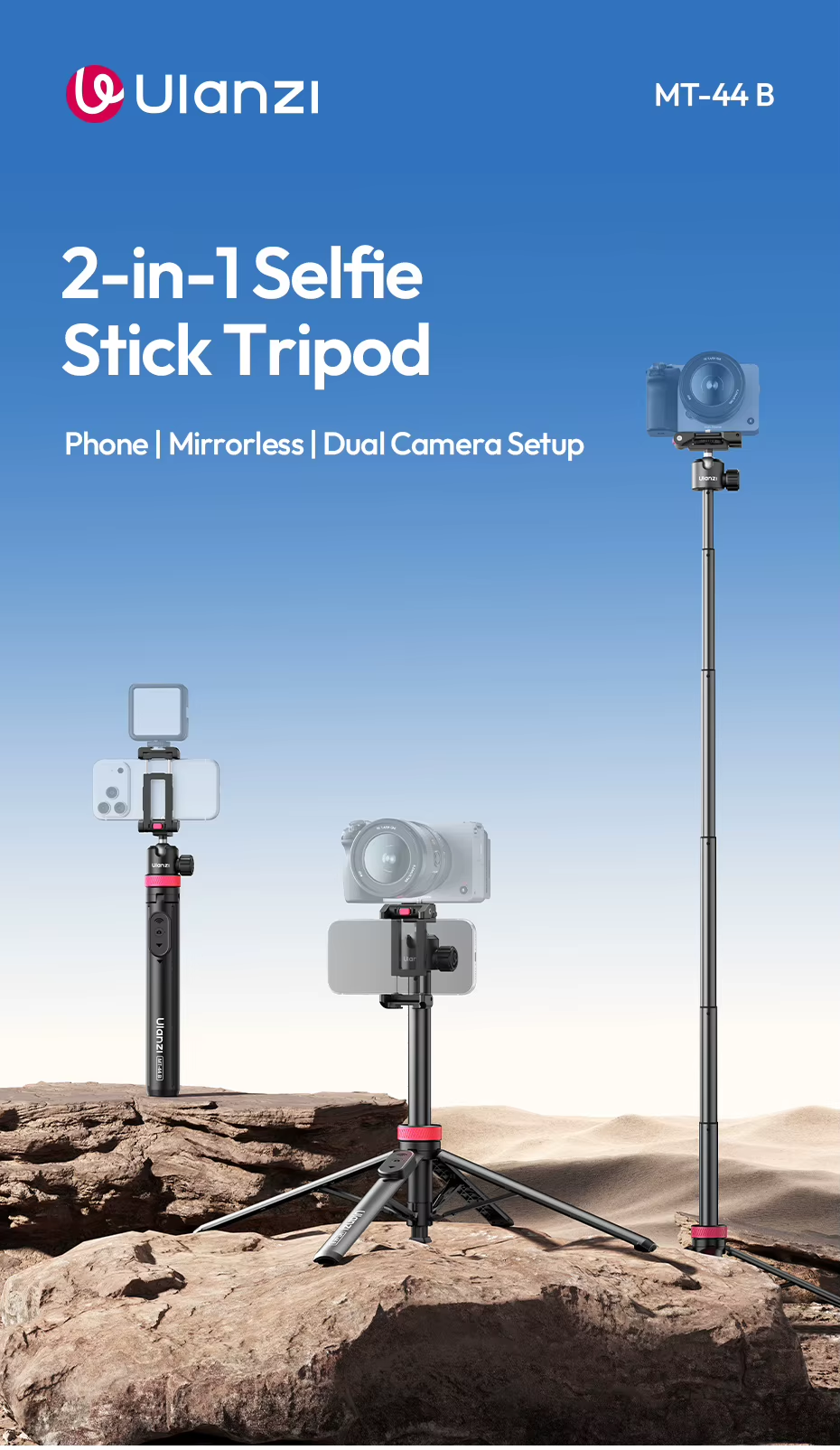 Yuxns Ulanzi MT-44 B 2-in-1 Selfie Stick Tripod for Camera Smartphones Dual-Camera Shooting Portable Selfie Tripod for Outdoor Trave