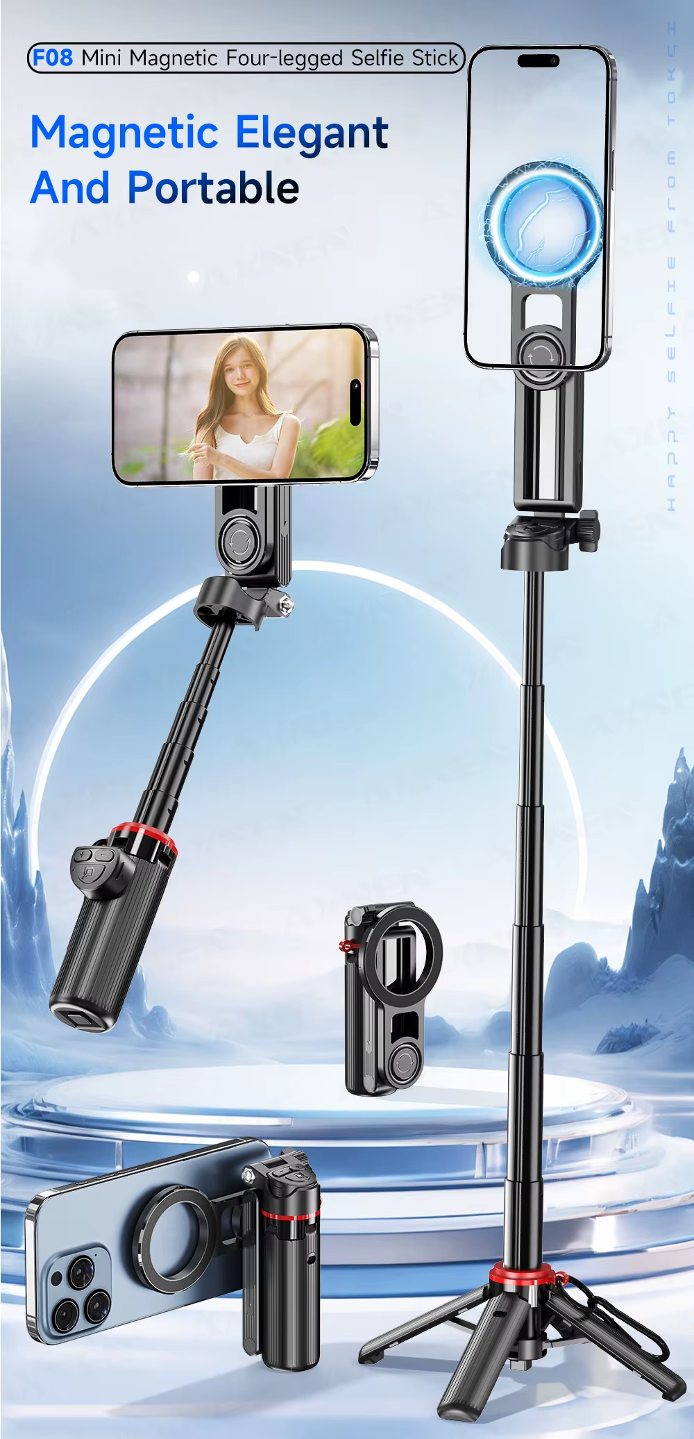 Yuxns Magnetic Mini Selfie Stick Tripod for Cellphone with Extension Rod Wireless Remote, Fill Light Option, for Smartphone Vlog Shoot