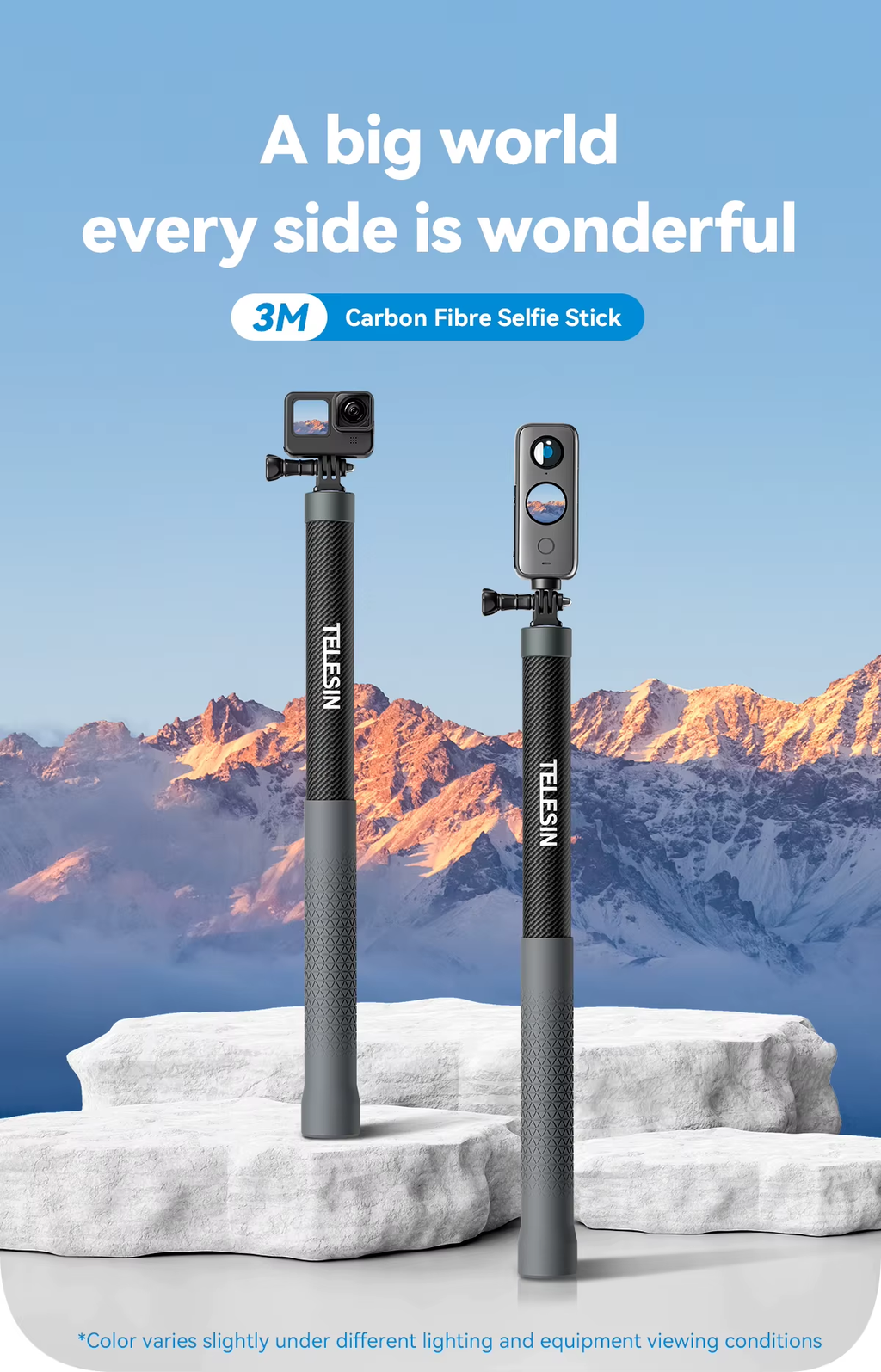 Yuxns TELESIN 1.2M 3M Carbon Fiber Selfie Stick Monopod Extendable With 1/4 Screw For GoPro Insta360 Osmo Action DJI Action Camera