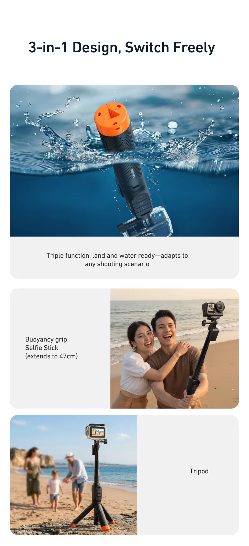 Yuxns TELESIN Waterproof Bluetooth Floating Selfie Stick Tripod for DJI Osmo Action 6 5 Pro 4 15M Diving Stick 3-in-1 Hand Grip Tripod