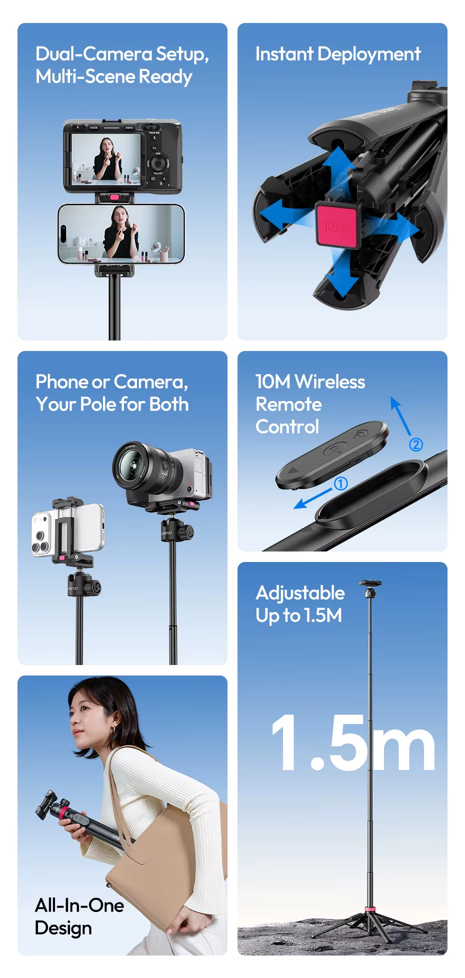 Yuxns Ulanzi MT-44 B 2-in-1 Selfie Stick Tripod for Camera Smartphones Dual-Camera Shooting Portable Selfie Tripod for Outdoor Trave