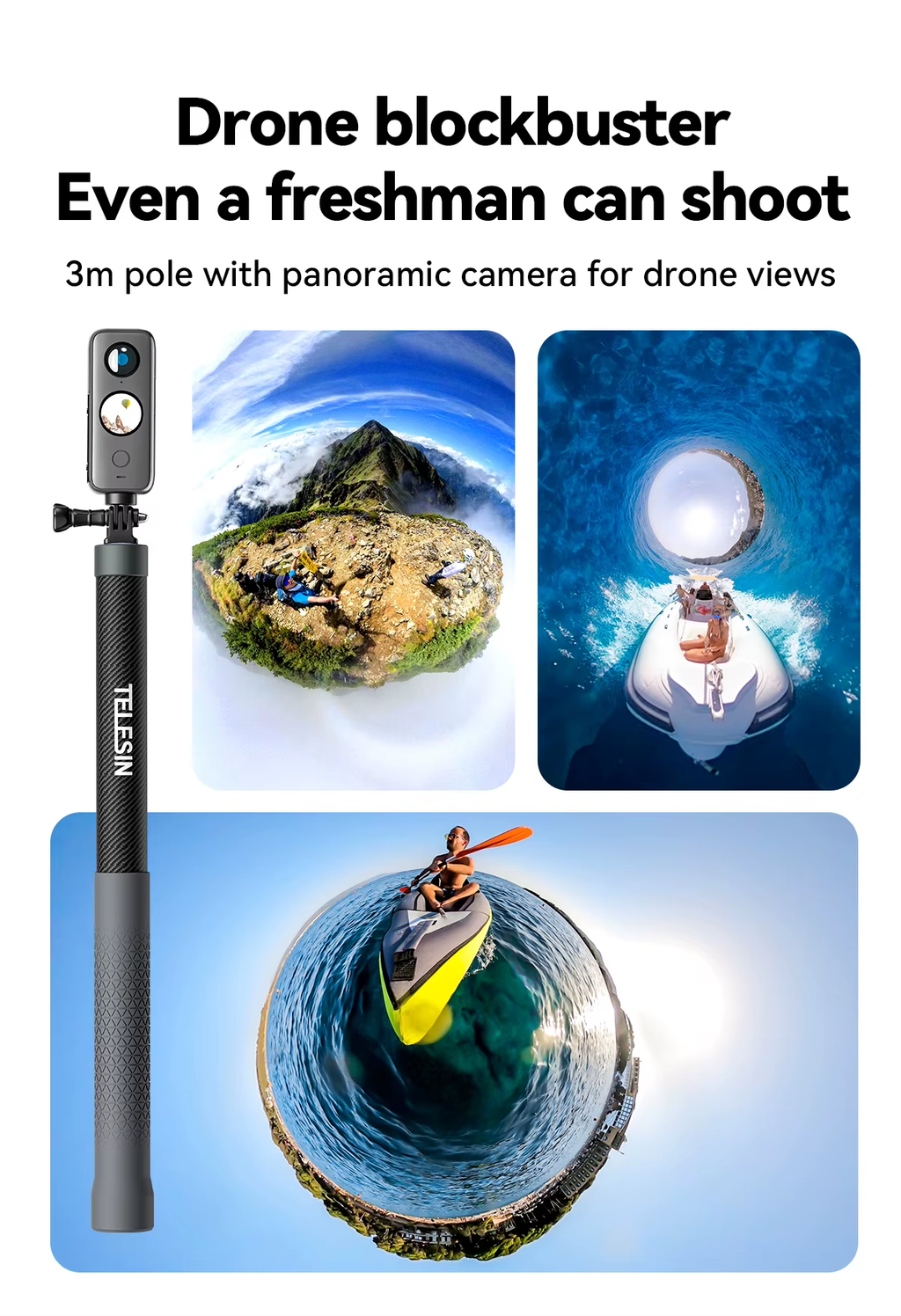 Yuxns TELESIN 1.2M 3M Carbon Fiber Selfie Stick Monopod Extendable With 1/4 Screw For GoPro Insta360 Osmo Action DJI Action Camera