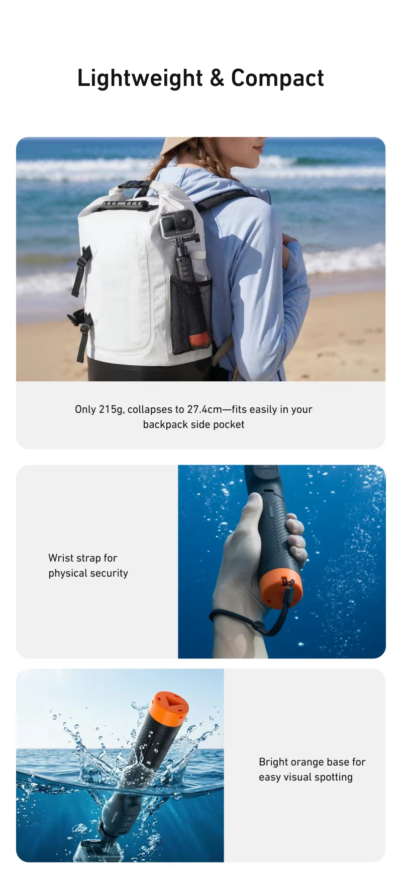 Yuxns TELESIN Waterproof Bluetooth Floating Selfie Stick Tripod for DJI Osmo Action 6 5 Pro 4 15M Diving Stick 3-in-1 Hand Grip Tripod