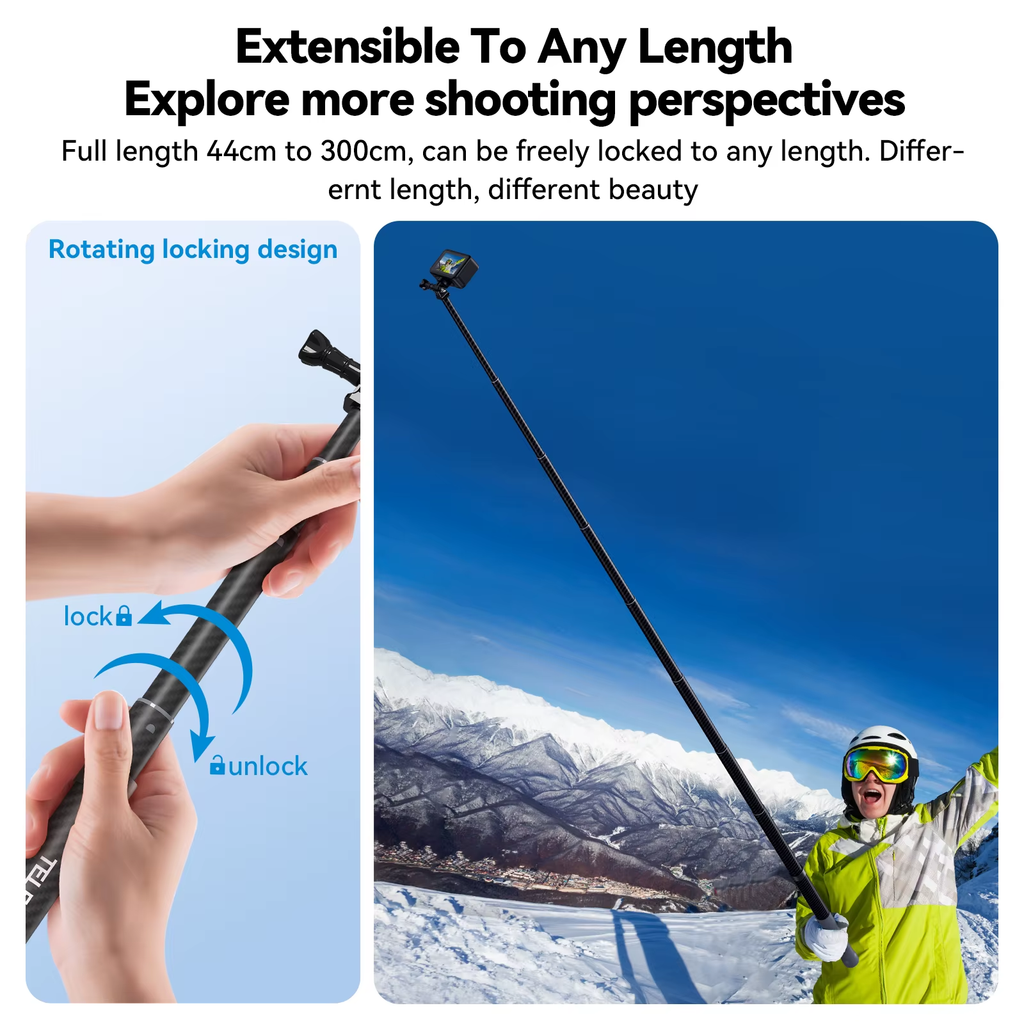 Yuxns TELESIN 1.2M 3M Carbon Fiber Selfie Stick Monopod Extendable With 1/4 Screw For GoPro Insta360 Osmo Action DJI Action Camera