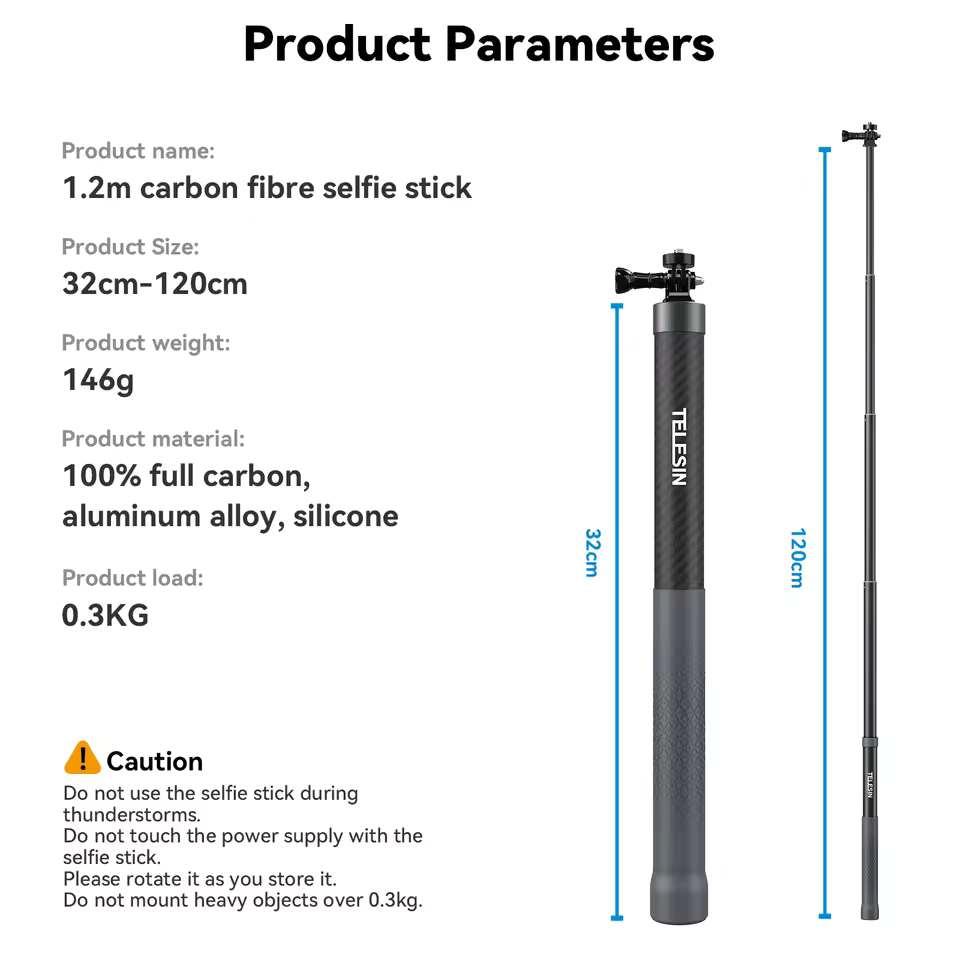 Yuxns TELESIN 1.2M 3M Carbon Fiber Selfie Stick Monopod Extendable With 1/4 Screw For GoPro Insta360 Osmo Action DJI Action Camera